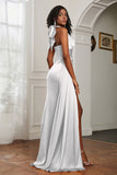 Halter Satin Sheath Sleeveless Long Formal Evening Dresses with Slit Prom Party Gowns