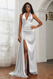 Halter Satin Sheath Sleeveless Long Formal Evening Dresses with Slit Prom Party Gowns