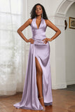 Halter Satin Sheath Sleeveless Long Formal Evening Dresses with Slit Prom Party Gowns