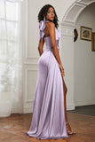Halter Satin Sheath Sleeveless Long Formal Evening Dresses with Slit Prom Party Gowns