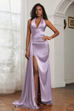 Halter Satin Sheath Sleeveless Long Formal Evening Dresses with Slit Prom Party Gowns