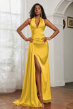 Halter Satin Sheath Sleeveless Long Formal Evening Dresses with Slit Prom Party Gowns