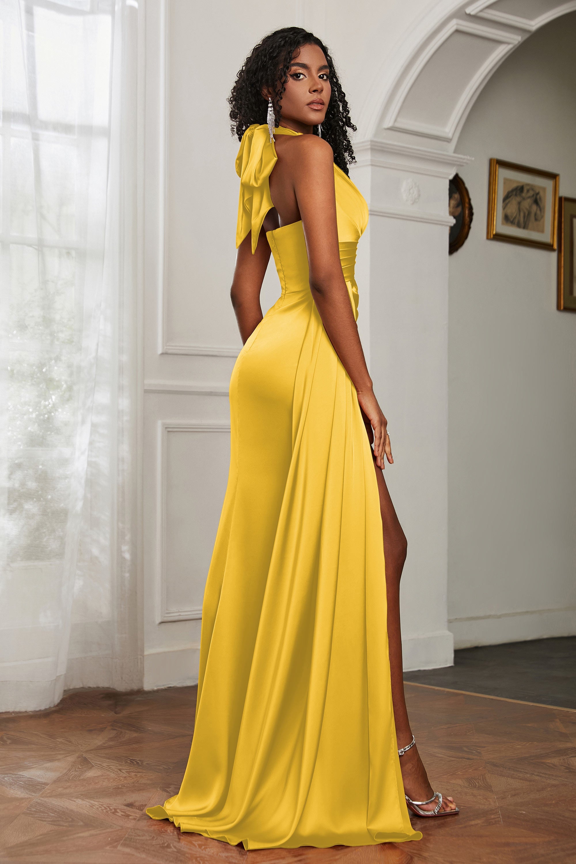 Halter Satin Sheath Sleeveless Long Formal Evening Dresses with Slit Prom Party Gowns