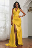 Halter Satin Sheath Sleeveless Long Formal Evening Dresses with Slit Prom Party Gowns