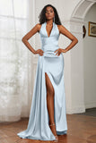 Halter Satin Sheath Sleeveless Long Formal Evening Dresses with Slit Prom Party Gowns