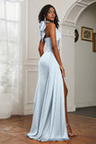 Halter Satin Sheath Sleeveless Long Formal Evening Dresses with Slit Prom Party Gowns
