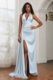 Halter Satin Sheath Sleeveless Long Formal Evening Dresses with Slit Prom Party Gowns