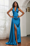 Halter Satin Sheath Sleeveless Long Formal Evening Dresses with Slit Prom Party Gowns