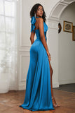 Halter Satin Sheath Sleeveless Long Formal Evening Dresses with Slit Prom Party Gowns