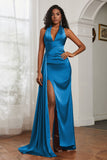 Halter Satin Sheath Sleeveless Long Formal Evening Dresses with Slit Prom Party Gowns