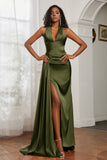 Halter Satin Sheath Sleeveless Long Formal Evening Dresses with Slit Prom Party Gowns