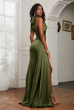 Halter Satin Sheath Sleeveless Long Formal Evening Dresses with Slit Prom Party Gowns