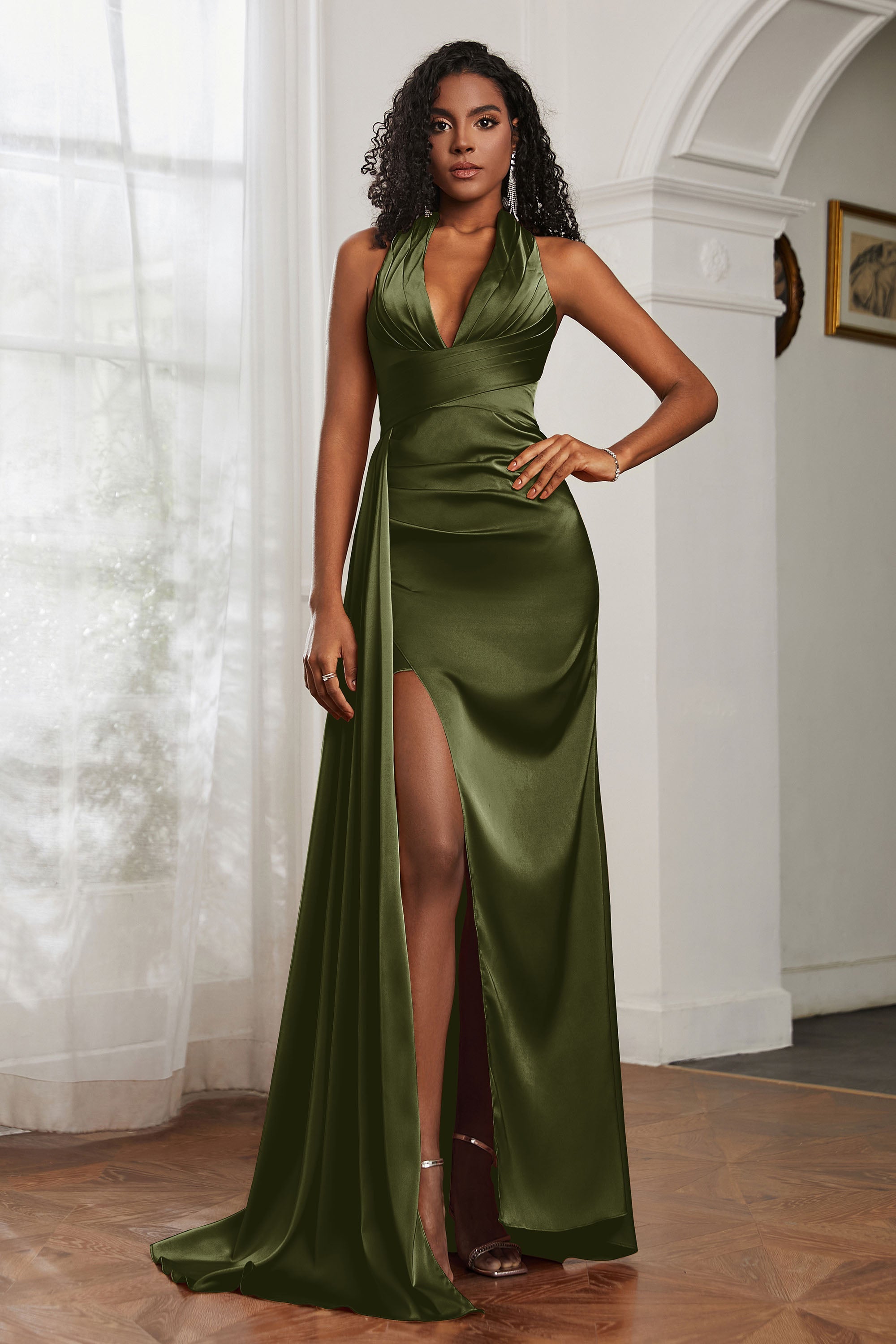 Halter Satin Sheath Sleeveless Long Formal Evening Dresses with Slit Prom Party Gowns