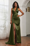 Halter Satin Sheath Sleeveless Long Formal Evening Dresses with Slit Prom Party Gowns