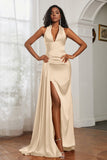 Halter Satin Sheath Sleeveless Long Formal Evening Dresses with Slit Prom Party Gowns