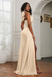 Halter Satin Sheath Sleeveless Long Formal Evening Dresses with Slit Prom Party Gowns