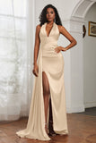 Halter Satin Sheath Sleeveless Long Formal Evening Dresses with Slit Prom Party Gowns