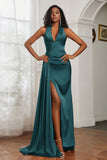 Halter Satin Sheath Sleeveless Long Formal Evening Dresses with Slit Prom Party Gowns