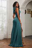 Halter Satin Sheath Sleeveless Long Formal Evening Dresses with Slit Prom Party Gowns