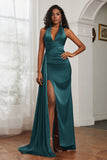 Halter Satin Sheath Sleeveless Long Formal Evening Dresses with Slit Prom Party Gowns