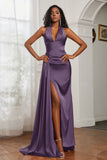 Halter Satin Sheath Sleeveless Long Formal Evening Dresses with Slit Prom Party Gowns