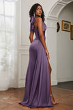 Halter Satin Sheath Sleeveless Long Formal Evening Dresses with Slit Prom Party Gowns