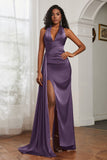 Halter Satin Sheath Sleeveless Long Formal Evening Dresses with Slit Prom Party Gowns