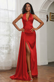 Halter Satin Sheath Sleeveless Long Formal Evening Dresses with Slit Prom Party Gowns