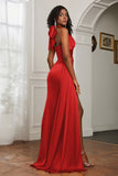 Halter Satin Sheath Sleeveless Long Formal Evening Dresses with Slit Prom Party Gowns