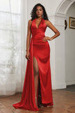 Halter Satin Sheath Sleeveless Long Formal Evening Dresses with Slit Prom Party Gowns