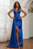 Halter Satin Sheath Sleeveless Long Formal Evening Dresses with Slit Prom Party Gowns