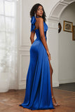 Halter Satin Sheath Sleeveless Long Formal Evening Dresses with Slit Prom Party Gowns