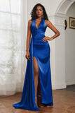 Halter Satin Sheath Sleeveless Long Formal Evening Dresses with Slit Prom Party Gowns