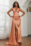 Halter Satin Sheath Sleeveless Long Formal Evening Dresses with Slit Prom Party Gowns