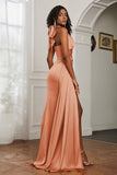 Halter Satin Sheath Sleeveless Long Formal Evening Dresses with Slit Prom Party Gowns