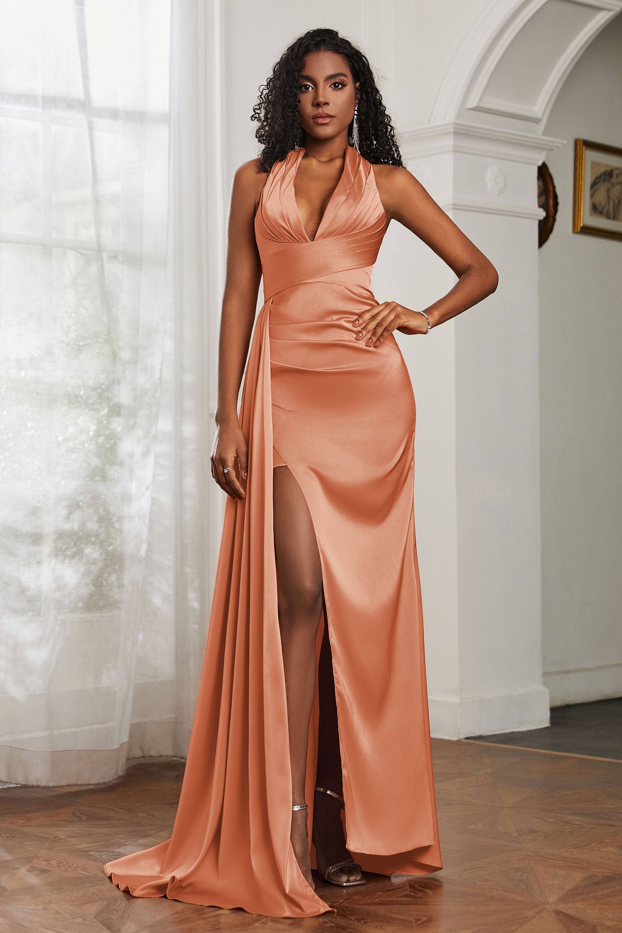 Halter Satin Sheath Sleeveless Long Formal Evening Dresses with Slit Prom Party Gowns