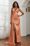 Halter Satin Sheath Sleeveless Long Formal Evening Dresses with Slit Prom Party Gowns