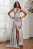 Halter Satin Sheath Sleeveless Long Formal Evening Dresses with Slit Prom Party Gowns
