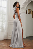 Halter Satin Sheath Sleeveless Long Formal Evening Dresses with Slit Prom Party Gowns