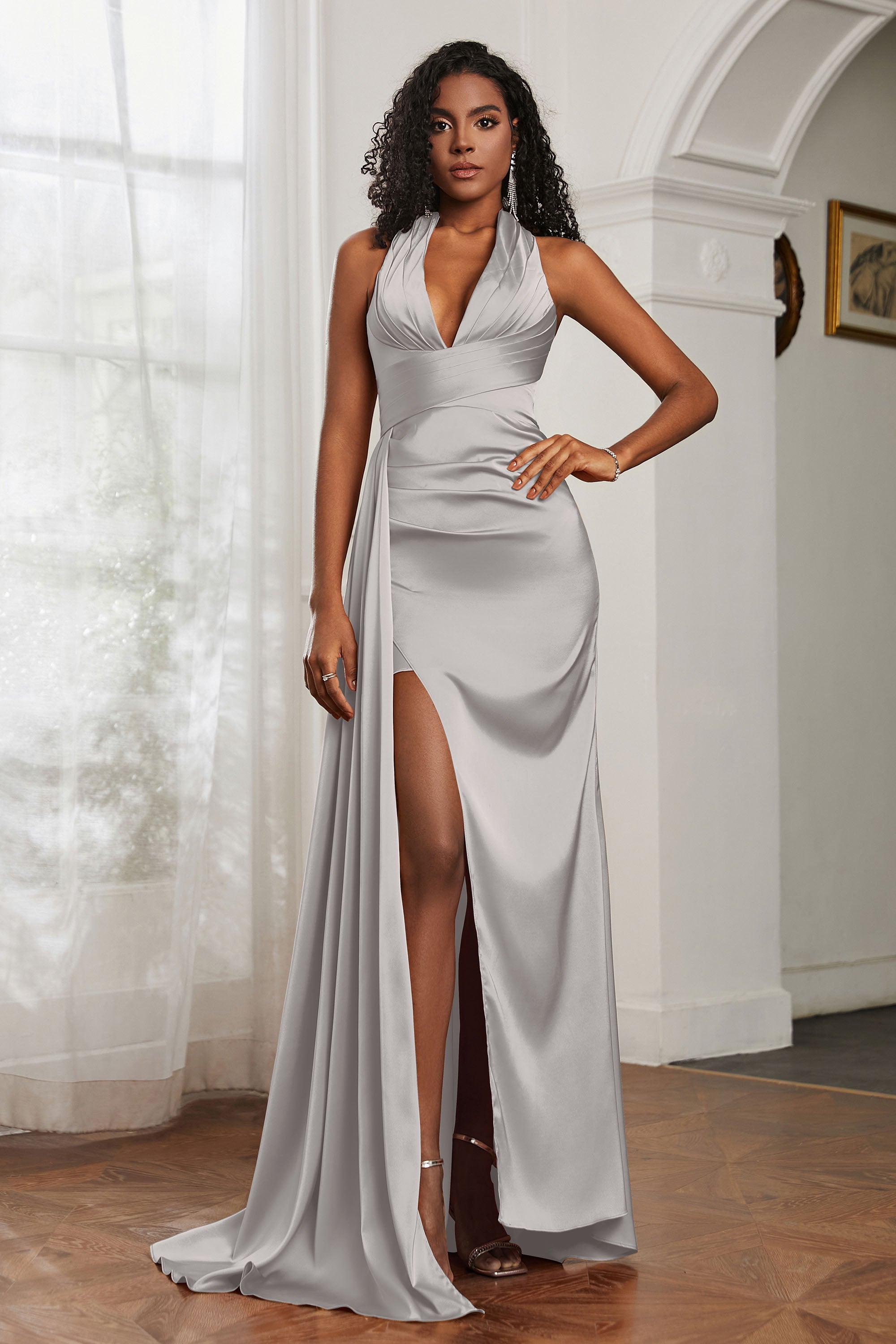 Halter Satin Sheath Sleeveless Long Formal Evening Dresses with Slit Prom Party Gowns
