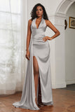 Halter Satin Sheath Sleeveless Long Formal Evening Dresses with Slit Prom Party Gowns