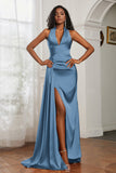 Halter Satin Sheath Sleeveless Long Formal Evening Dresses with Slit Prom Party Gowns