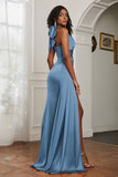 Halter Satin Sheath Sleeveless Long Formal Evening Dresses with Slit Prom Party Gowns