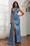 Halter Satin Sheath Sleeveless Long Formal Evening Dresses with Slit Prom Party Gowns
