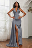 Halter Satin Sheath Sleeveless Long Formal Evening Dresses with Slit Prom Party Gowns