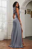 Halter Satin Sheath Sleeveless Long Formal Evening Dresses with Slit Prom Party Gowns