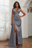 Halter Satin Sheath Sleeveless Long Formal Evening Dresses with Slit Prom Party Gowns