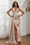 Halter Satin Sheath Sleeveless Long Formal Evening Dresses with Slit Prom Party Gowns