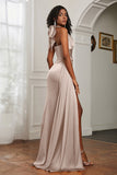 Halter Satin Sheath Sleeveless Long Formal Evening Dresses with Slit Prom Party Gowns