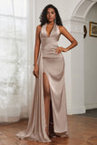 Halter Satin Sheath Sleeveless Long Formal Evening Dresses with Slit Prom Party Gowns
